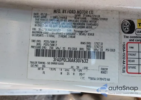 2010 Ford Fusion Hybrid z USA, uszkodzony, nr VIN 3FADP0L30AR307632
